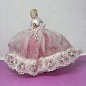 Antique Ceramic Doll Pin‎ Cushion With Pink Lace Dress & Floral Trim